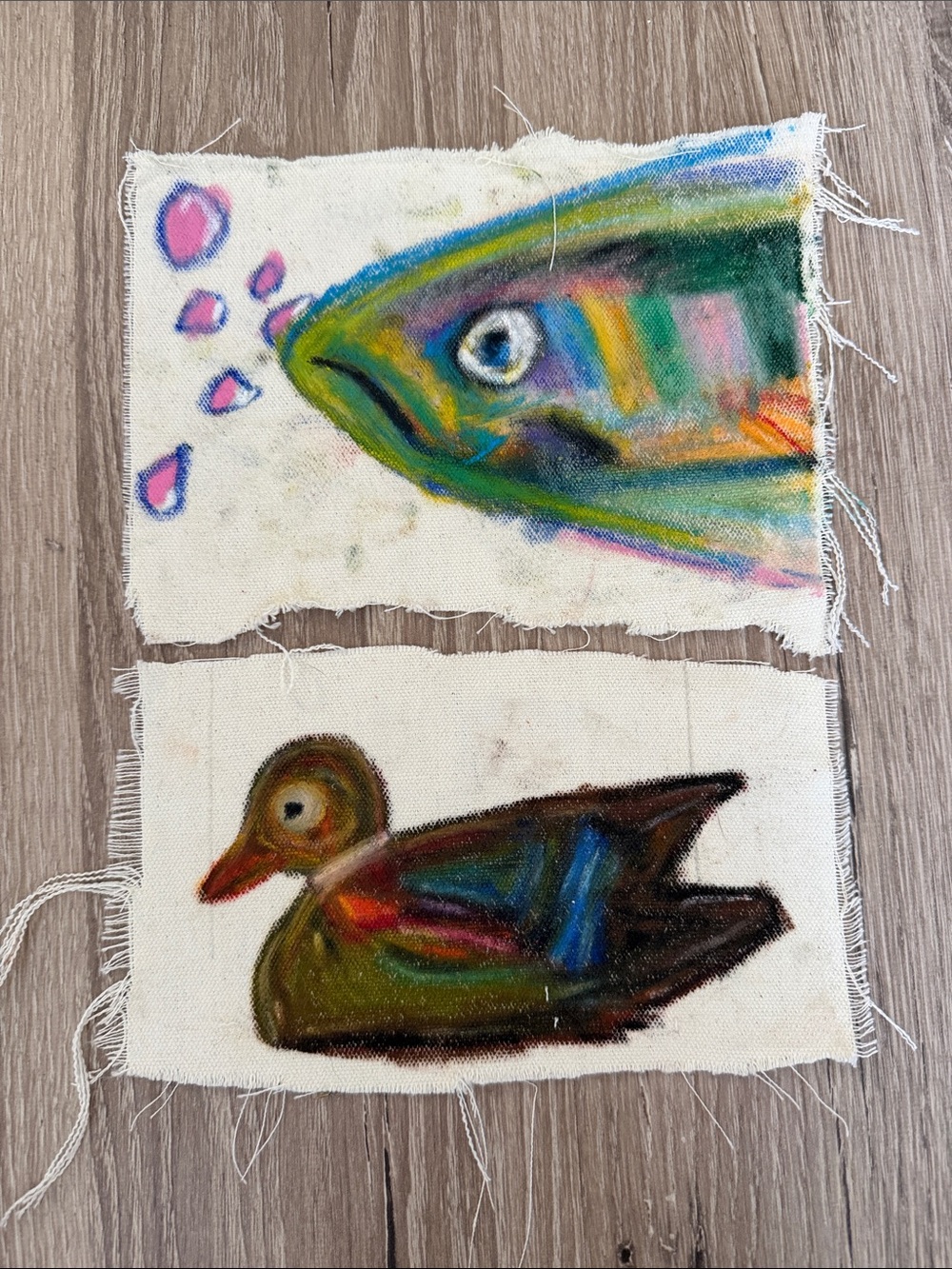 🐟🦆 Original Fabric Art Duo — "Fish & Duck Sketches" Set of 2